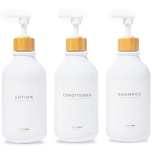 MaisoNovo Seifenspender Bad - Shampooflaschen zum Befüllen - 500 ml weiße Flaschen, weiße Bambuspumpen, Pumpspender Glas, Seifenspender, Seifenspender, weiß/Bambus