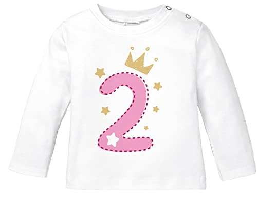 MoonWorks® Baby Langarm-Shirt 1. Geburtstag Zahl 1 BZW. 2 mit Krone Sternen Geburtstagsshirt Bio-Baumwolle 2 weiß-rosa 80/86 (10-15 Monate)