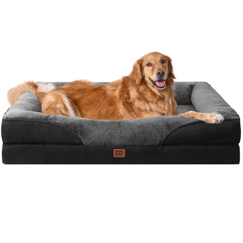 EHEYCIGA Orthopädisches Hundebett Grosse Hunde, Memory Foam Waschbar und Wasserdicht Hundekorb mit 4 Rändern, Hundesofa Hundecouch rutschfest, Grau/Schwarz, 106.5x76x18.5 cm