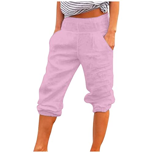 EMATOP Strandhose Damen Kurz Casual Yogahose 3/4 Lang Capri Sommerhose Leicht Baumwolle Leinenhose Luftige Einfarbig Haremshose Elastischem Bund Sporthose mit Taschen Pumphose Aladinhose