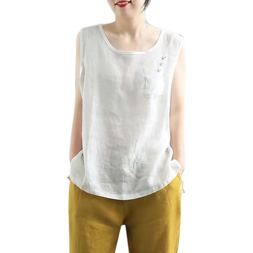 Ärmelloses Damen-Top Leinenmischung, stilvolles, einfarbiges Tanktop mit schmaler Passform Rundhalsausschnitt, ärmelloses Shirt, vielseitige Sommerkleidung. Oversized Pullover (White, M)