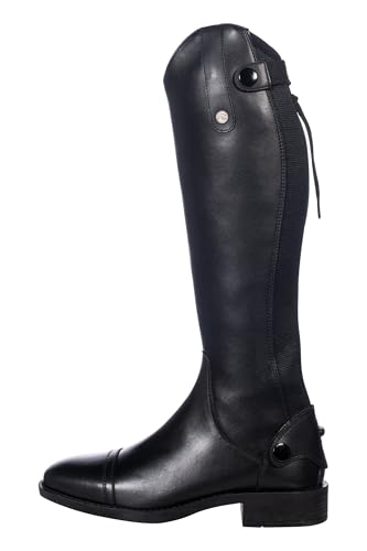 HKM -Julie Kids- Reitstiefel – Lederreitstiefel mit Reißverschluss, Sporenhalterung & Elastikeinsatz – Reitstiefel für Mädchen & Jungen lang/extra slim Schwarz Größe 38