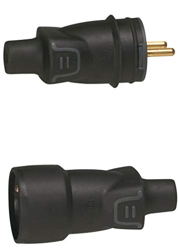 Legrand 50445 und 50446 - Stromstecker 2-polig mit Erdung - schwarz oder Legrand Verlängerung 16 A Gummi Ausgang rechts IP 44 (Stecker + Verlängerung)