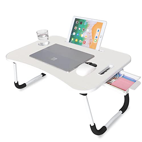 unycos - Betttablett Klappbar, Frühstückstablett mit Griff und Getränkehalter, Serviertisch, Ideal für Lesen und Arbeiten, Auch als Lapdesk Verwendbar 60x40x26 cm (Knochenweiß mit Schublade)