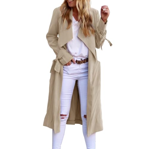 Generisch 2025 - Langer Trenchcoat für Damen mit offener Vorderseite, langärmelig, schmal, lässig, mit Taschen, winddichter Mantel mit Gürtel Strickjacke (Khaki, XXL)