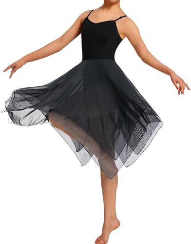Mulnall Damen Modern Lyrisches Kleid Camisole Tanz Kostüm Ballett Asymmetrisch High-Low Mesh Rock Ärmellose Leotard Gymnastik Tanzbekleidung Latein Rumba Tango Kleid Ballsaal(UK23913-06-S)