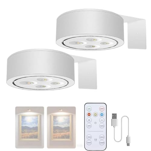 2Stück Picture Lights for Wall with 3 Color Temps, Bild Licht mit Fernbedienung, Kabellos Bilderleuchte, magnetisches LED Wiederaufladbar Malerei Licht, Dimmbare Timer Kunst Display Licht (Weiß)