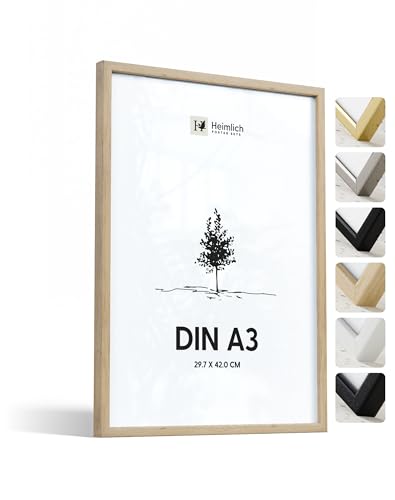 Heimlich® 1x Bilderrahmen DIN A3 30x42 cm Natur Eiche Holz Rahmen 1-Pack | Dokumentenrahmen 29,7x42 cm Groß Collage | Holzrahmen Holz-Bilderrahmen Echtholz | Picture Frame A3 Fotorahmen
