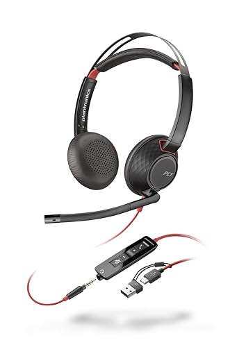 Poly Blackwire 5220 schnurgebundenes Headset, Flexibler Mikrofonarm mit Noise Cancelling, Ergonomisches Design, Verbindung mit PC/Mobilgeräten über USB-C, USB-A oder 3,5 mm, Teams/Zoom kompatibel