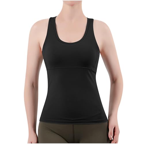 ANHATUIV Geripptes Workout-Tanktop für Damen, mit integriertem BH, enganliegend, Racerback, U-Ausschnitt, athletisches Top, lässiges Camis, schmale Weste, breiterer Riemen, Basic-Mieder,
