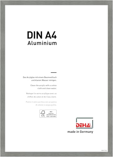 DEHA Design Bilderrahmen Tribeca, 21 x 29,7 cm (A4), Struktur Grau Matt, Aluminium, für Poster und Bilder, bruchsicheres Acrylglas, Hoch- und Querformat, stabile Rückwand