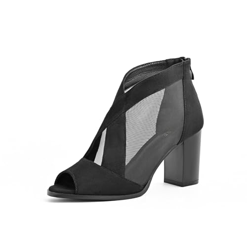 SICARE Peep-Toe, klobige Absätze für Damen, bequeme Blockabsätze, ausgeschnittener Reißverschluss, sexy Netz-Stiefeletten, Stil für Damen, elegante Verabredungen, Business-Partys, Schwarz，36