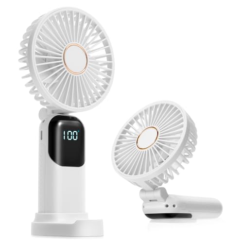 Handventilator Tragbarer, Mini Ventilator mit 5 Windgeschwindigkeit und Tisch Basis, USB Wiederaufladbar Ventilator mit Digitalanzeige, Faltbarer Hand Ventilatoren Für Reisen Büro Zuhause Draußen