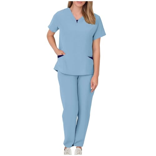 AACH Medizinische Arbeitskleidung Damen Waschbar V-Ausschnitt Zweiteiler Pflegeuniform Set Labore Einfarbig Hosenanzug mit Kordelzug 2-Teiliges Krankenschwester Berufskleidung Sommer Outfit