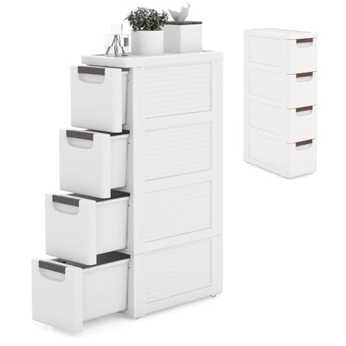 KOMFOTTEU Schmaler Nischenschrank auf Rollen, Rollschrank mit 4 Schubladen, Rollwagen Nischenregal platzsparend, Ordnungswagen Schubladenschrank für Küche Badezimmer, 42 x 19 x 74 cm, Weiß (1)