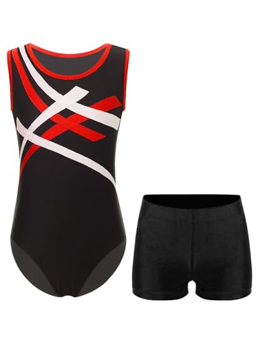 Kvysinly Jungen Kinder Gymnastikanzug Mit Kurz Hose Ärmellose Sportbody Tanzanzug Wettkampf Trainingsanzüge Rot schwarz 110-116