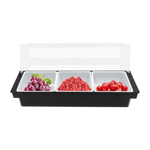 ARBGO Zutatenbehälter mit 3 Fächern, großer Kunststoff-Gewürzhalter, Bar, Obstkorb, Salat, Tacco, Cocktail, Garniertablett für Snackstation, Buffet, Pizzabelagstation(3 Compartment)