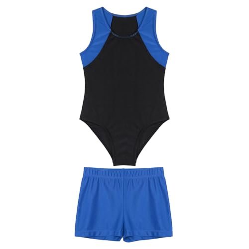Yruioon Kinder Jungen Turnanzug Gymnastikanzug Ärmellos Ballettanzug Ballett Trikot Leotard Sport Body mit Shorts Gym Turnen Sportwear Blau 110-116