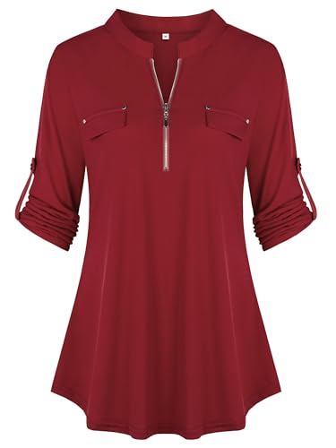 Lalala Longbluse Damen Langarm Elegant V Ausschnitt Business Shirt Mode Lässige Kleidung D_Weinrot M