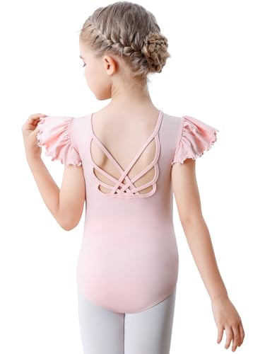 Aiseyi Ballettkleidung Mädchen Ballett Trikot Kinder Rüsche Kurzarm Turnanzug Baumwolle TanzBody Ballettanzug mit Kreuzrücken Rosa 130