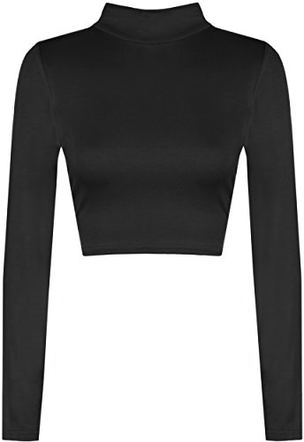 WearAll - Damen Rollkragen Cropped Langarm Schmucklos Kurz Elastisch Top - Schwarz - 40-42