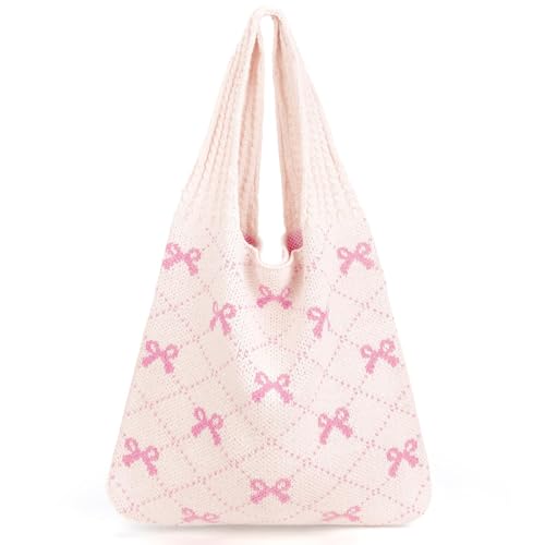 Lilbitty 1 Stück Beige Häkeltasche mit Rosa Schleifen，Große Aesthetic Strandtasche für Damen，Leichte Strick-Tote Tasche，Perfekt für Alltag，Shopping und Urlaub