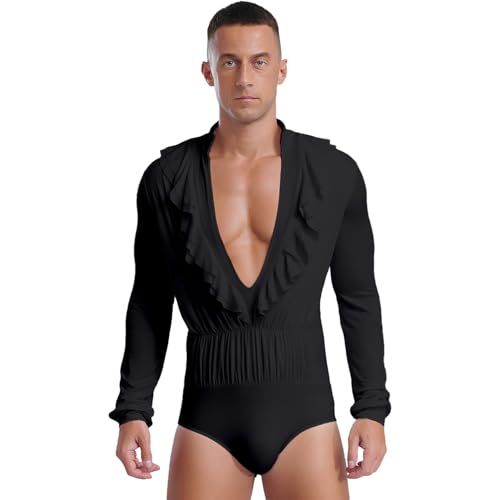 dPois Herren Tanz Oberteil Latein Tango Rumba Hemd Body Langarm Tanz Shirt Leotard mit Tiefer V-Ausschnitt Rüschen Männer Standard Tanzkleidung Schwarz 3XL