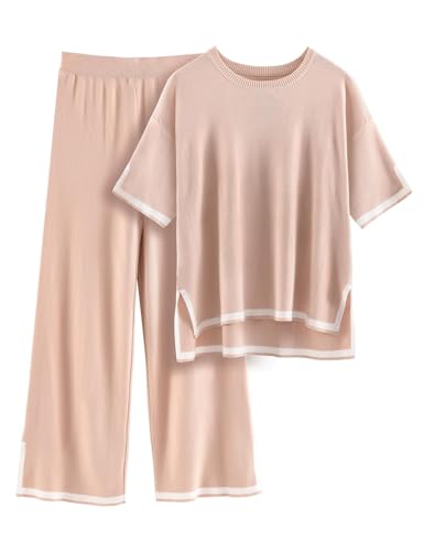 DONYKARRY 2 Pieces Jogginganzug Damen Set Kurzarm Lounge Sets Strickpullover Top Weites Bein Elastische Taille Hose Anzug (Khakifarbe,M)