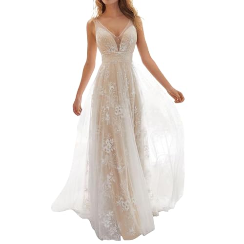 Generisch Brautkleider Damen Boho Braut Brautkleid - Chiffon Kleider Schlicht Lang Hochzeitskleider Vintage Prinzessin Weiss Dresses Mesh ärmellos V-Ausschnitt Spitzenkleid Slim (White, L)