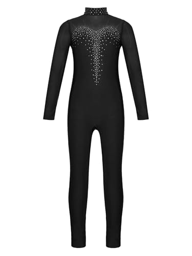 Jowowha Mädchen Eiskunstlauf Body Langarm Ballettanzug Tanzbody mit Strass Kinder Turnanzug Gymnastik Leotard Eiskunstlauf Tanzkostüm G Schwarz 134-140