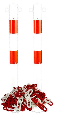 UvV Stahl Sperrpfostenset (2 Stück) Pulverbeschichtet weiß, rot - Rund Ø60,3 mm mit Fußplatte zum Anschrauben (80 cm + Kette)