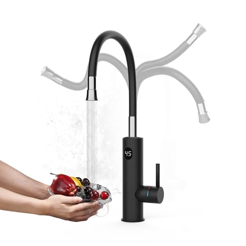 Wasserhahn mit Durchlauferhitzer Küche, 3200W Elektrischer Wasserhähne Sofort Heißes Küchenarmatur mit Flexibler Auslauf und LCD Temperaturanzeige, 360º Drehung Schnellheizungshahn Armatur, Schwarz