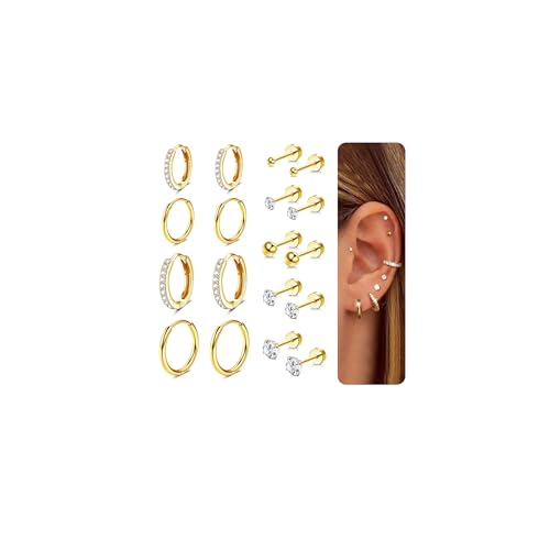 CASSIECA 9 Paar Ohrring Set, Ohrstecker Gold Silber, 316L Chirurgenstahl Medizinische Ohrringe Set Cubic Zirkonia Runde Ohrstecker Hypoallergene Knorpel Huggie Hoop Ohrringe Mehrfach-Piercing Or