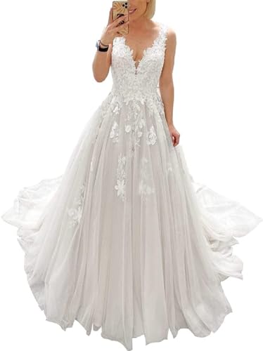 JAEDEN Brautkleider V-Ausschnitt Tüll Spitze Hochzeitskleider für Damen A-Linie Standesamt Kleid mit Schleppe Weiß 48