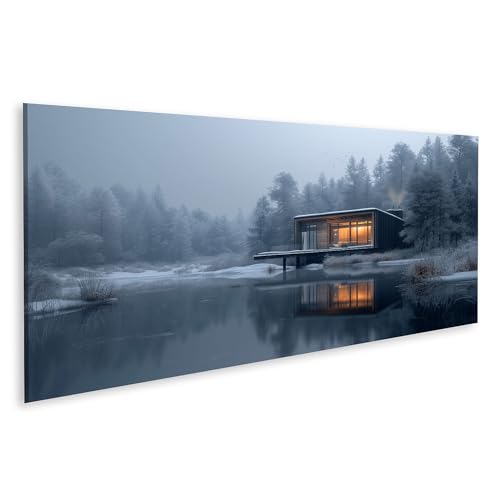 islandburner Bild auf Leinwand Winterliches Refugium am See mit Spiegelung für Wohnzimmer Naturliebhaber Wellness-Spa Bilder Wandbilder Poster