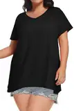 Plus Size Tops für Damen Sommer Kurze Ärmel T Shirt Oversize V Hals Blusen(Schwarz,3XL)