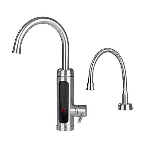 MAXXMEE Elektrische Edelstahl Armatur plus integrierter Durchlauferhitzer | Wasserhahn mit Heizspirale & LED Temperaturanzeige | 2 wechselbare Wasserhähne | über 60 °C warmes Wasser ohne Vorheizen