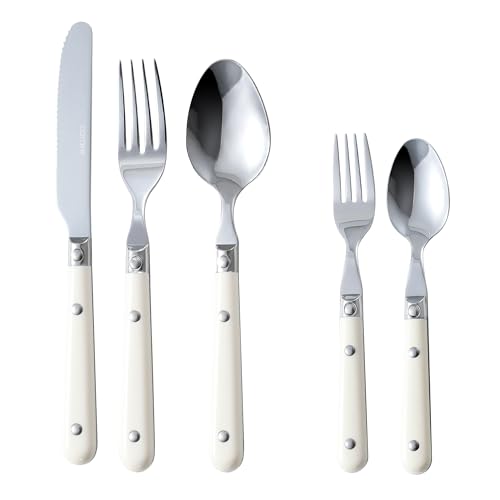 CAROTE Besteck Set 30-Teilig, Edelstahl Besteck mit weißem Griff, Essbesteck Set für 6 Personen, Cromargan Edelstahl poliert, Messer, Gabel, Löffel, Spülmaschinenfest