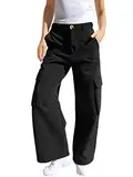 Haloumoning Mädchen Cargohose Baumwoll Y2K Baggy Cargo Hose Kinder Straight Leg Hohe Taille Jogginghose Casual Outdoorhose mit Elastische Taille und Taschen, Schwarz, 13-14 Jahre