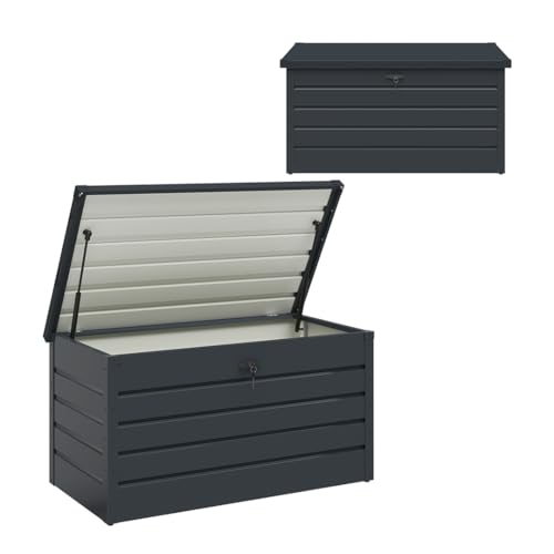 STEELSØN Auflagenbox Dorado für den Garten wasserdicht, Aufbewahrungsbox Garten 350 L mit klappbaren Deckel, Gartenbox aus Metall verzinkt Anthrazit