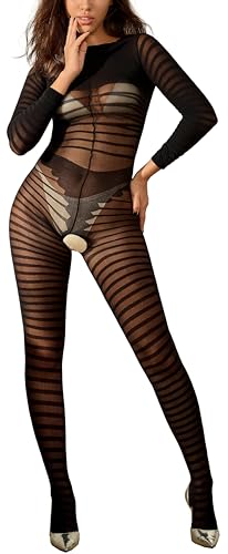 Walang Frauen Sexy Elastische Gestreifte Ganzkörperstrümpfe Strumpfhosen Dessous Chemise Öffnungs-Leggings Durchsichtig Einteiliger Nachtwäsche (Schwarz)