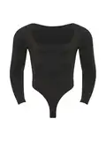 RUNQHUI Herren Unterhemd Body Langarm Einteiler Oberteil Hemd mit Druckknöpfe Ballettanzug Stringbody Ballett Trikot Leotard Schwarz L
