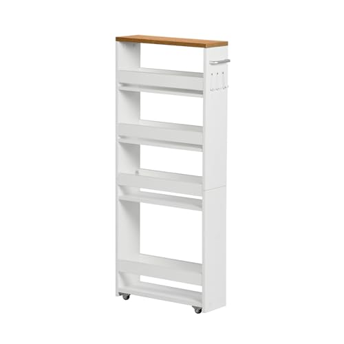 FetiNes Rollwagen 5 Ebenen, Küchenwagen schmal, Nischenregal auf Rollen, Stahl, Griff, für kleine Räume, 40 x 14 x 100 cm, Küche, Bad, Wohnzimmer, Arbeitszimmer, Eichenfarben + Weiß