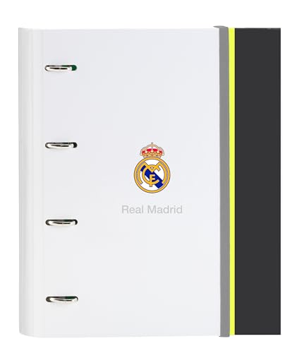 Real Madrid Equiicion 25/26 Ringordner, 4 Ringe, 35 cm, mit 100 A4-Blättern, ideal für Kinder verschiedener Altersgruppen, bequem und vielseitig, Qualität und Widerstandsfähigkeit, 27 x 3,5 x 32 cm