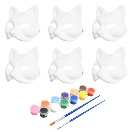 6 Stück Katzen Mask, Katzenmasken zum Anmalen, DIY Katzen Maskenset, Blanke Katzenmaske mit Pigment