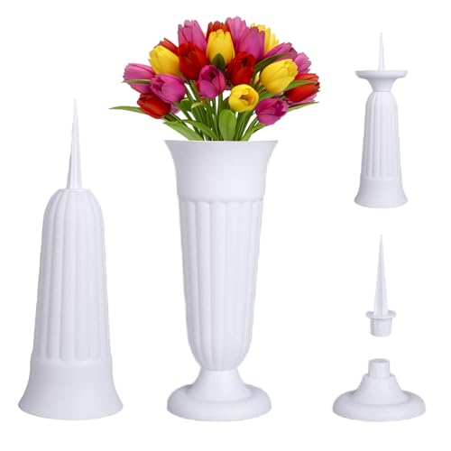 LdawyDE Grabvase mit Erdspieß, 2 Stück Friedhofsvase Kunststoff Grabvasen Friedhof Grabvase mit Sockel 11cm Erdspieß Grab-vasen 21 x 10 cm Vasen Steckvasen für Grab Grabschmuck Blumen