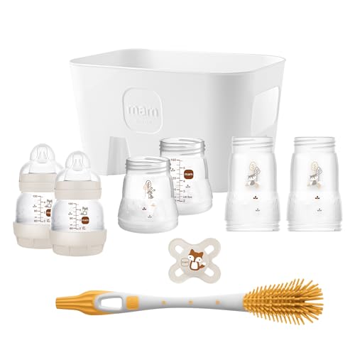 MAM Easy Start Anti-Colic Bottle Set für Neugeborene, Baby Erstausstattung mit Schnuller, Bürste, Korb & Flaschen (130, 160, 260 ml), Baby Geschenk Set zur Geburt, beige