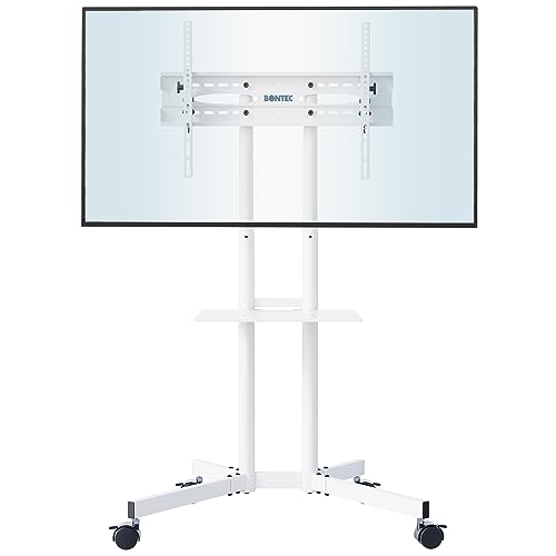 BONTEC TV Ständer mit Rollen für 32-85 Zoll LCD, LED, OLED Fernseher, Höhenverstellbar, Max VESA 600x400 mm, Bis 60kg, Weiß, TV Wagen mit Ablage, Kabelmanagement, Rollbar für Büro und Zuhause