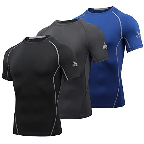 AMZSPORT Herren Kompressionsshirt Kurzarm Funktionsshirts Cool Dry Training Running Top, Schwarzgraublau-L