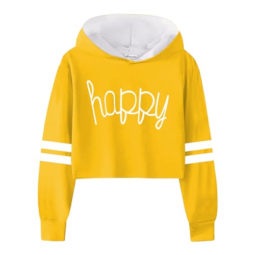 2025 - Mädchen-Sweatshirt für Mädchen, Kinder, lässig, locker, aktiv, volle Ärmel, Kapuzenpullover, Sweatshirts, mit Kapuze, kurz, Pullover, Buchstaben-Druck, gestreift, Sweatshirt (Yellow, 6-7 Years)